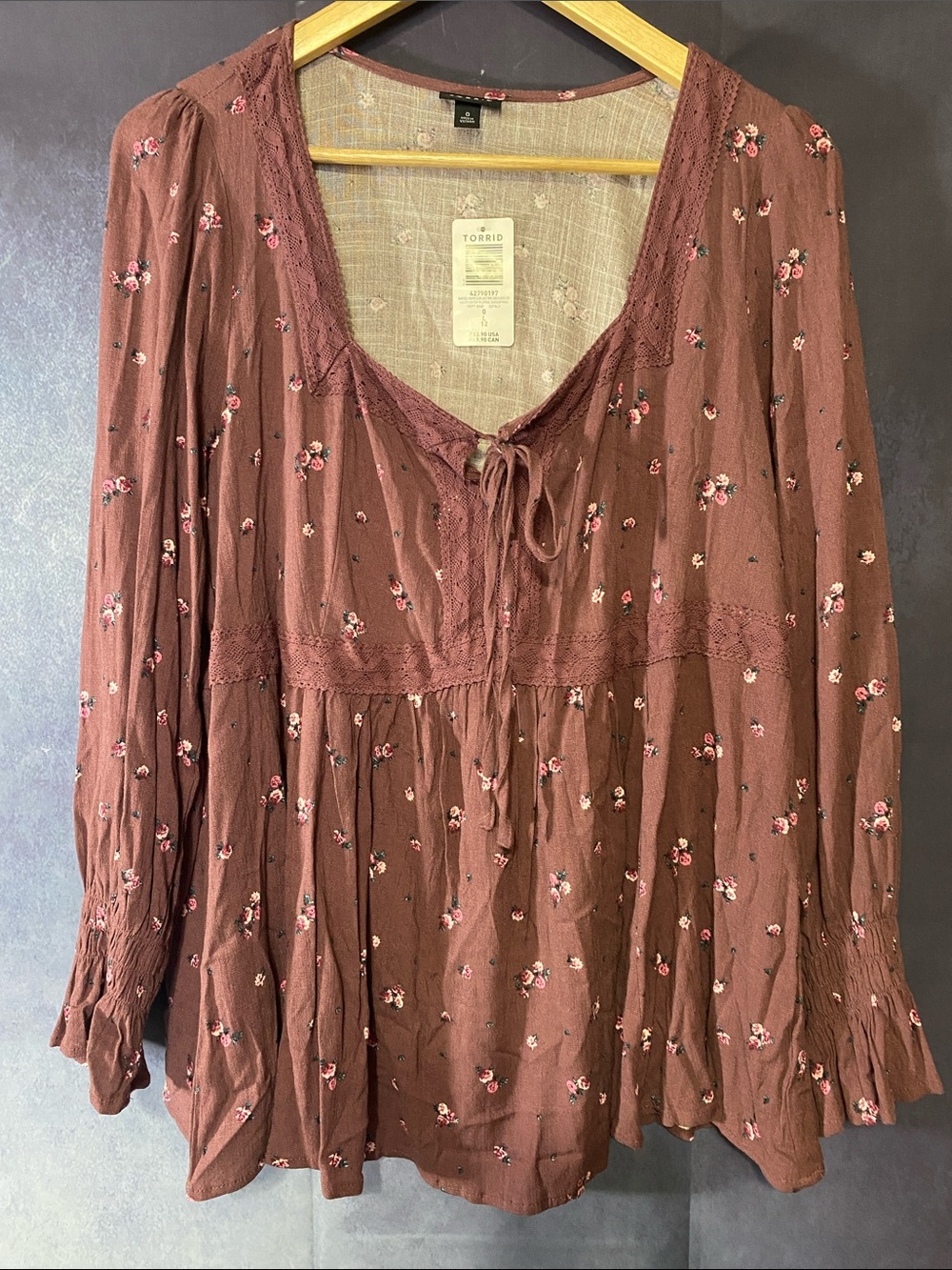 Torrid Mauve-Brown Floral Tie-Front Peasant Tunic